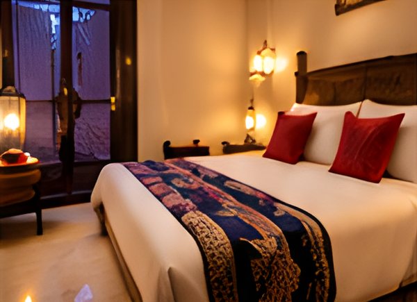Suite Deluxe au jeté de lit brodé bleu et or