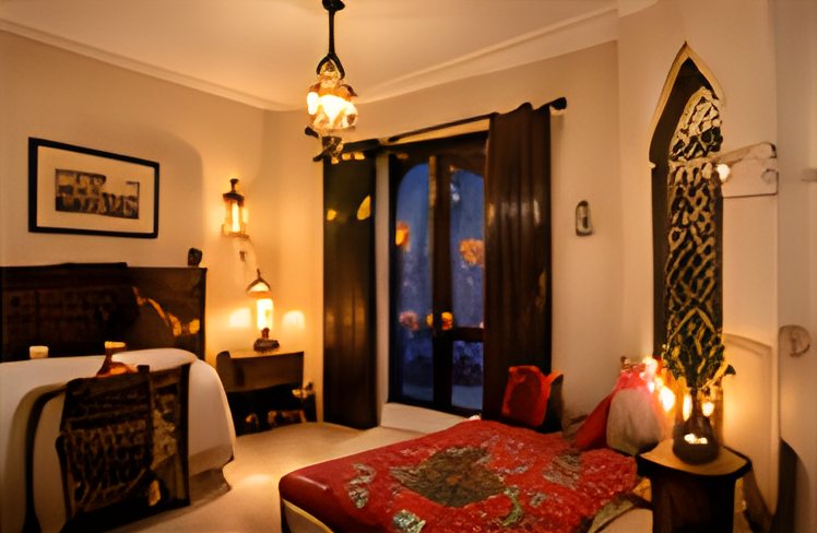 Suite Choukrane : lanternes, tête de lit sculptée et textiles brodés de rouge