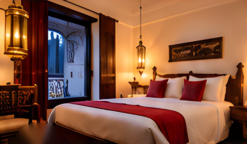 Chambre du riad avec lanternes, lit aux coussins rouges et fenêtre sur le patio