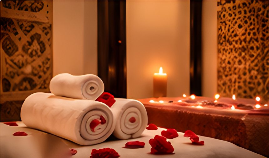 Serviettes roulées et pétales de rose sur une table de massage aux chandelles