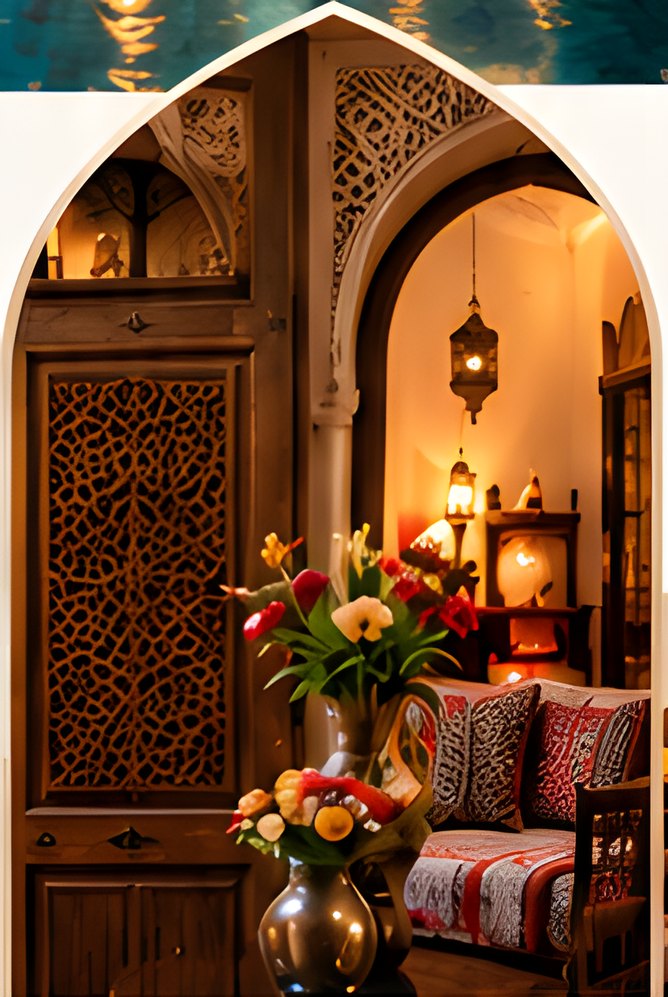 Salon du riad derrière une porte en bois sculpté, avec bouquet de fleurs et lanternes