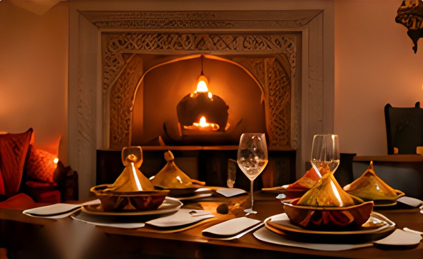 Table du restaurant dressée avec tajines devant une cheminée sculptée
